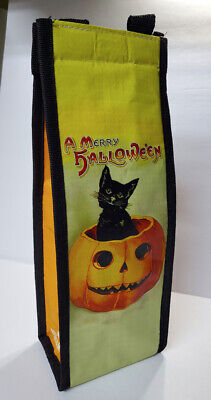 A MERRY HALLOWEEN Cat In Pumpkin JOL Vintage Style Wine Bottle Insulated Bag