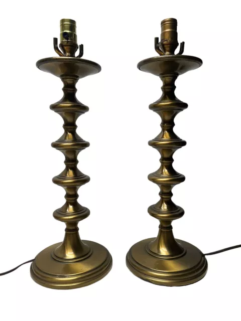 Vtg Pair Brass Tone Stacked Bubble Turned Candlestick Style Table Lamps