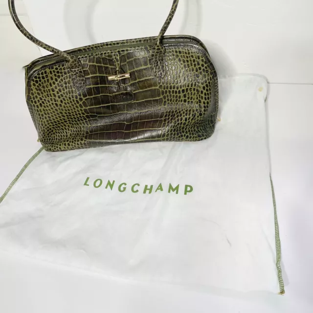LONGCHAMP Roseau Green Croc Embossed Shoulder Bag With Dust Cover