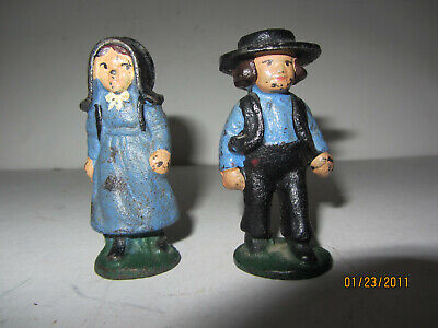 2 Vintage Painted Cast Iron 3" Tall Amish Boy & Girl