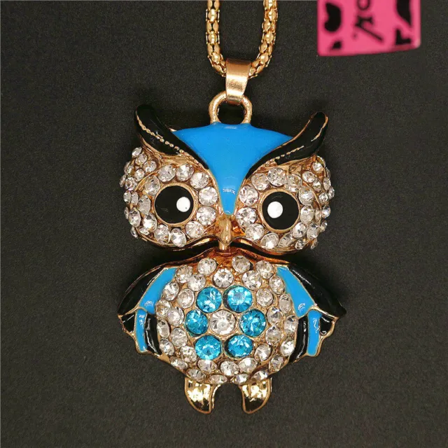 New Blue Shiny Crystal Enamel Owl Animal Pendant Fashion Women Chain Necklace