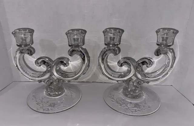 2 Vtg Fostoria Crystal Double Candelabra Candle Holders Century Floral Etched