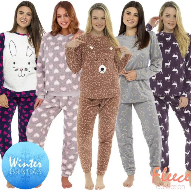 Ladies Fleece Pyjama Set Soft Warm Crew Neck Top Pants Loungewear Nightwear  UK