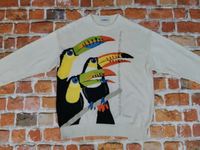 Iceberg Vintage Pullover Tucani Uccelli Beige Grande Colorati Tg. : XL Tip Top