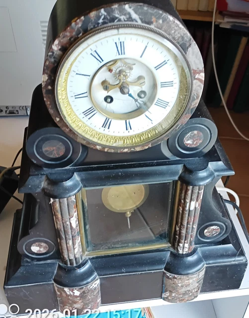 Pendule Ancienne Napoléon III En Marbre Noir - Mécanisme à Poids Et Carillon - XIXème Siècle
