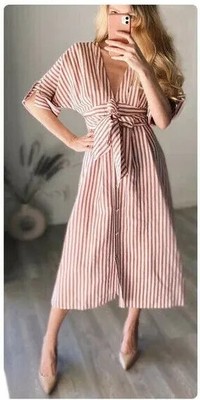 Zara Linen Blend Dress Striped Belted Measurements⬇