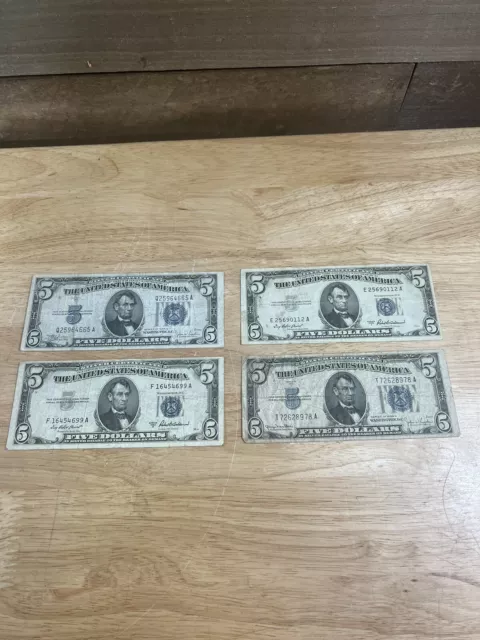 Lot Of 4 Circulated Blue Seal Silver Certificate 5 Dollar Bills
