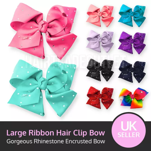 Girls Large Rhinestone Grosgrain Ribbon Hair Bow Clip