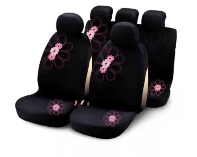 29016 SET COMPLETO FODERE COPRISEDILI per AUTO NERI CON FIORI ROSA