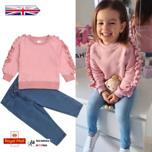 Toddler Baby Girls Clothes Long Sleeve Ruffle Tops Denim Pants Casual Outfits