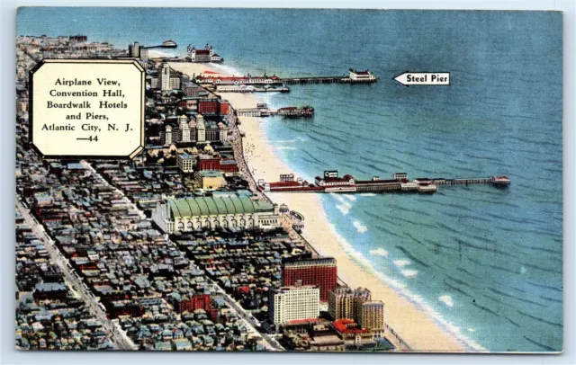 Postcard Airplane View Convention Hall, Boardwalk, Hotels Piers Atlantic NJ J147