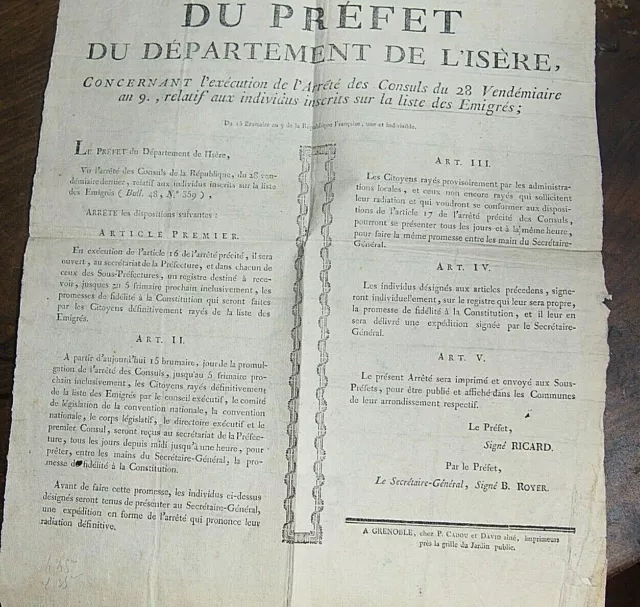 ISERE  AN 9  AFFICHE PLACARD relative aux individus de  la liste des émigrés