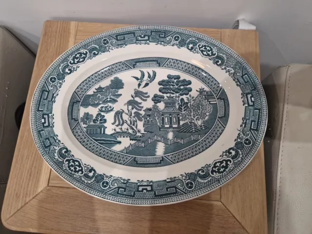 Vintage Alfred Meakin Oval Old Willow Pattern Serving Plate Turquoise And White