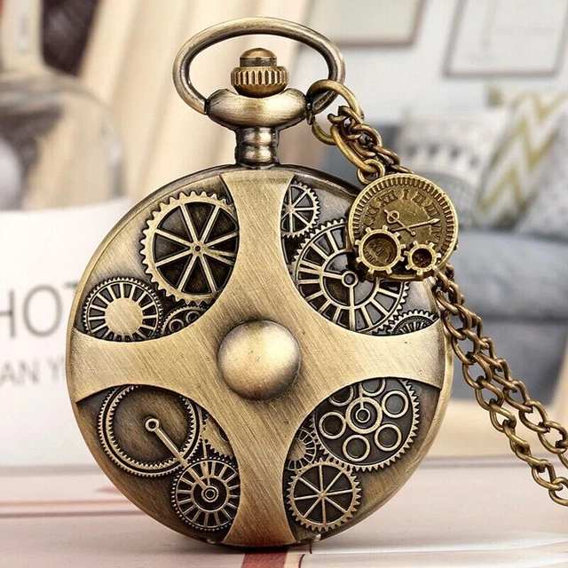 Bronze Engraved Gear Full Hunter Men Women Quartz Pocket Watch Necklace Chain