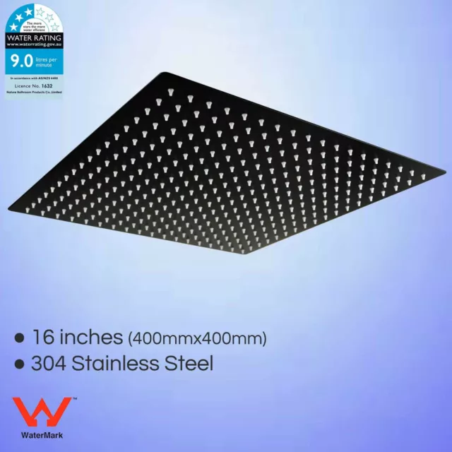 WELS Bathroom 16" 400mm Square Matt Black Thin Rainfall Overhead Shower Head