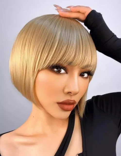 Perruque Synthétique Courte Wig Blonde Femme Avec Frange +1 Bonnet