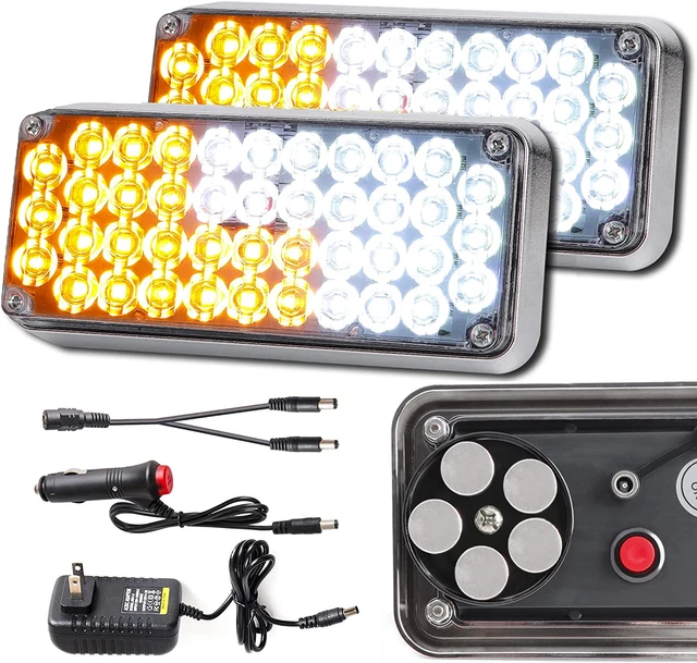Upgraded 2Pcs Magnetic Flashing Hazard Amber White Strobe Lights for Trucks Vehi