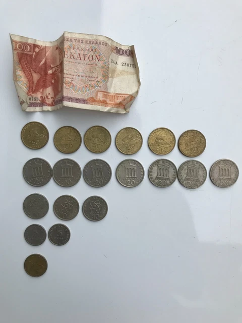 Greek Drachma notes (1) & coins (19), total of 582 Drachma