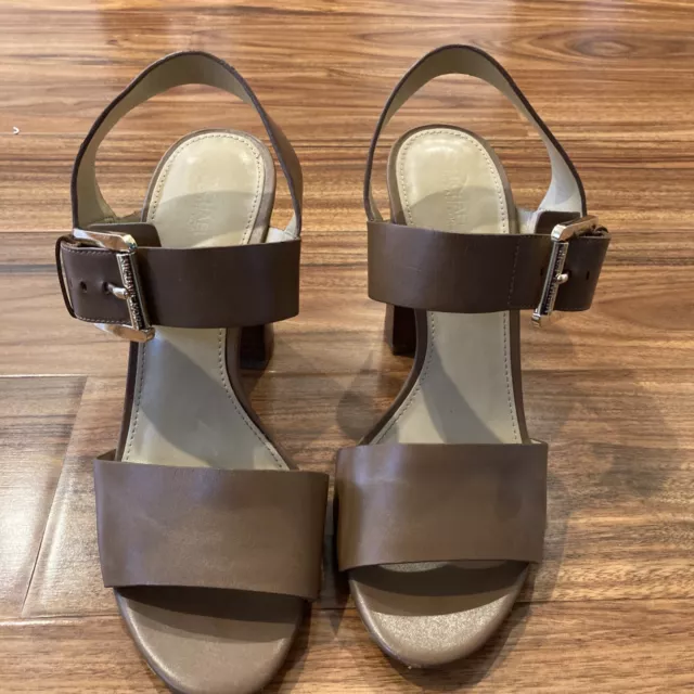 Michael Kors Womens High Block Heel Sandals Brown Leather Buckle SZ9