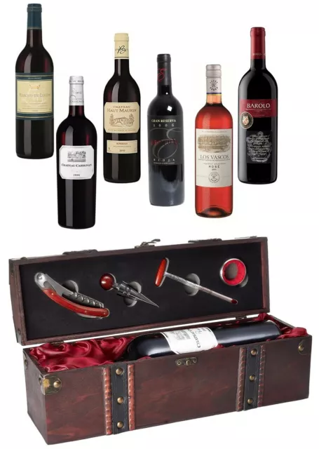 BRUBAKER 6 tlg Weinset Weinkiste mit Sommelier Bar Zubehör Set + 1 Flasche Wein