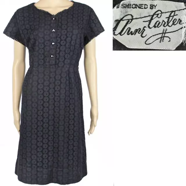 50s 60s Vintage Anne Carter Dress, Black Eyelet Lace, Rhinestone Buttons, 16 L