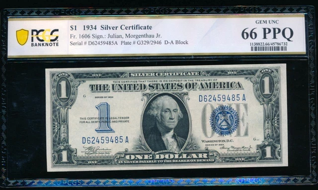 AC Fr 1606 1934 $1 Silver Certificate D-A block PCGS 66 PPQ .. Gem Uncirculated!