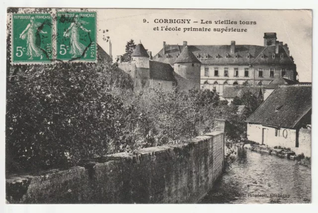 CORBIGNY - Nievre - CPA 58 - Les Vieilles Tours et l' Ecole Primaire