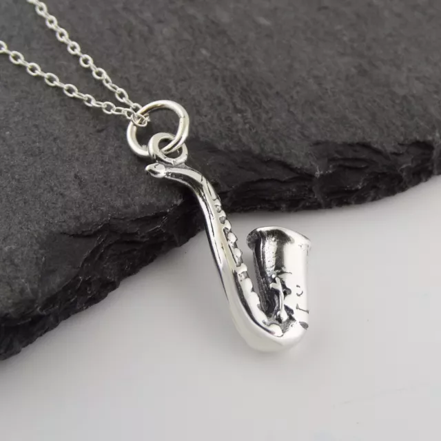 Saxophone Necklace - 925 Sterling Silver Charm Sax Music Musical Instrument NEW