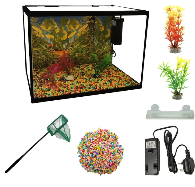 LED Glass Aquarium Fish Tank Starter Kit  Fish Net, Led Light  Air Pump Filter