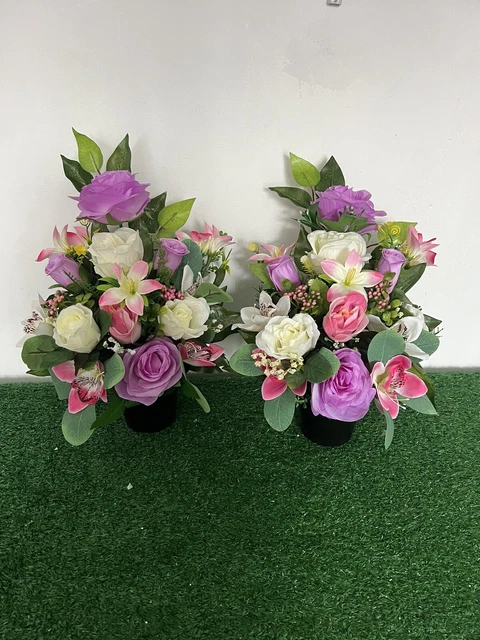 X 2 Artificial silk flower Grave Cemetery Pots With Flowers Flat Front Facing