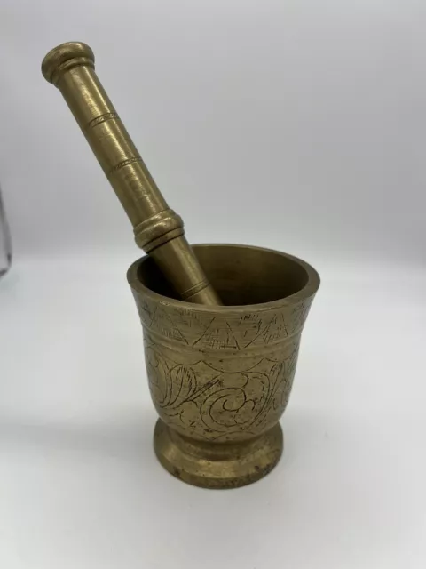 Vintage Etched Solid Brass Mortar and Pestle Heavy  Spice/Herb Grinder