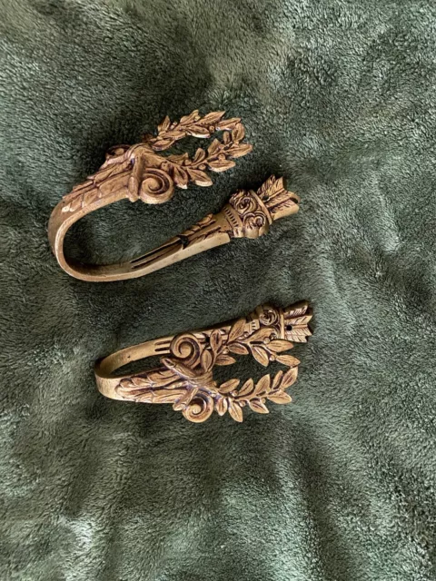 🇪🇸Vtg 2 Spanish Ornate Brass Curtain Pull Back U-Bend Hooks Pre 1963