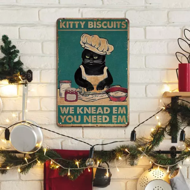 Cat Kitty Kitchen Vintage Metal Tin Sign,Kitty Biscuits We Knead Em You Need Em,