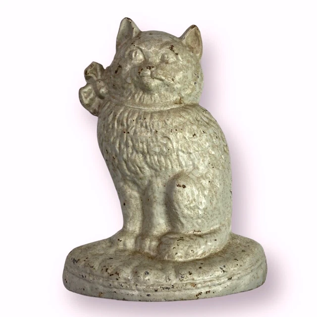 Cat Door Stop, Cast Iron, No. 38, White, Bow, Pillow, Hubley, Lancaster, PA