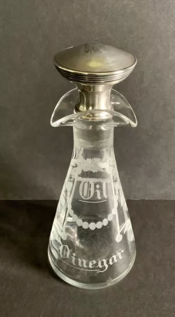 Antique Etched Glass OIL VINEGAR CRUET Decanter-w/GORHAM STERLING Silver Stopper