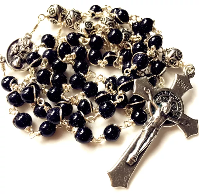 Bali 925 Sterling Silver Beads bule JADE Catholic 5 DECADE Rosary Necklace Cross