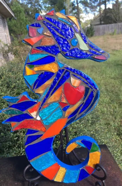 Stained Glass Mosaic Seahorse Wall Decor Handmade Ocean Sea OOAK