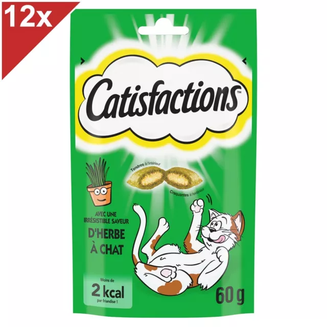 CATISFACTIONS Friandises saveur d'herbe à chat pour chats adultes 12x60g