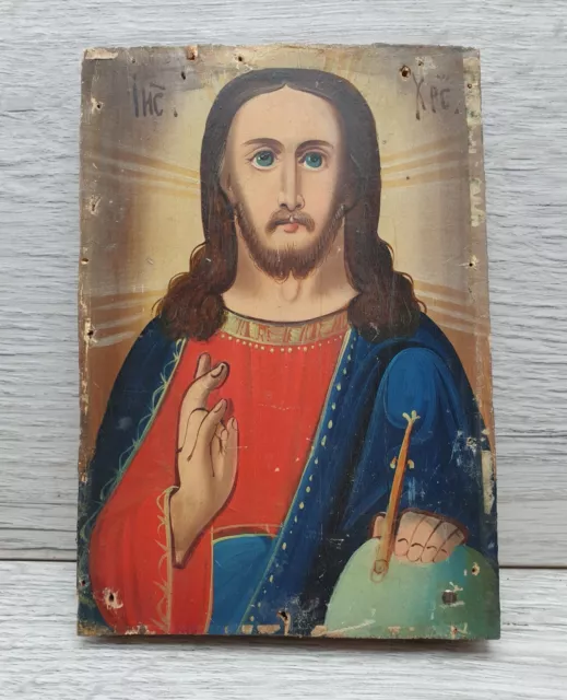 Antique Orthodox icon of Jesus Christ handmade from the 19th century #1