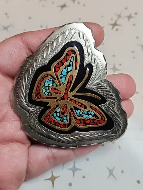 Vtg Hand Made Turquoise Coral Silver Butterfly Inlay Western Hippy Belt Buckle