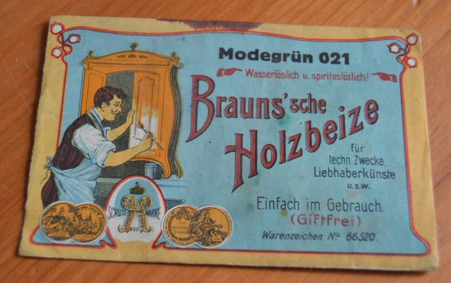Original Tüte Brauns'sche Holzbeize No. 21 Modegrün mit Inhalt um 1900