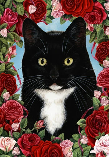 Roses Garden Flag - Black and White Tuxedo Cat 199501