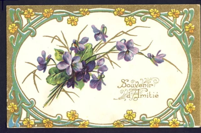 CARTE POSTALE ANCIENNE Illustration Litho SOUVENIR d'AMITIÉ Violettes Purple