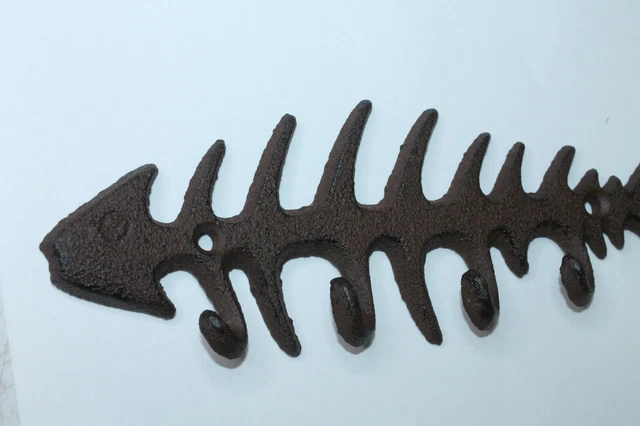 Rustic Cast Iron Nautical FISH BONE Key Hat Coat Rack Wall Hooks Fisherman Decor 3