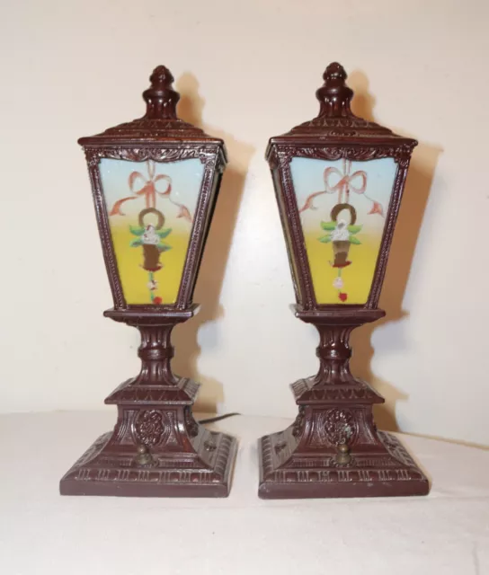 pair of antique vintage ornate reverse painted glass metal table boudoir lamps 2