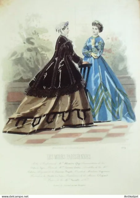 Gravure Modes parisiennes 1866 n°1234 Robes de promenade velours et manteau