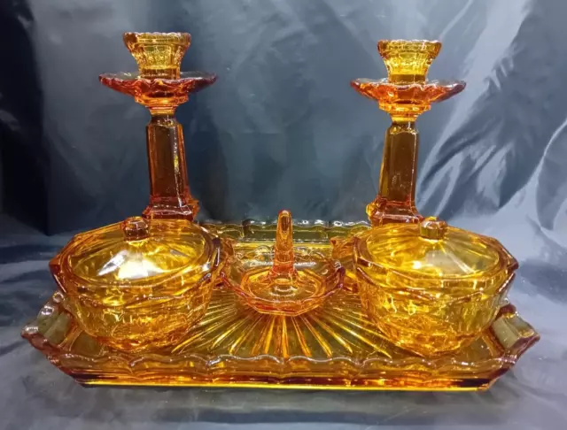 Heavy Vintage Art Deco Bohemian Amber Glass Vanity Dressing Table Set