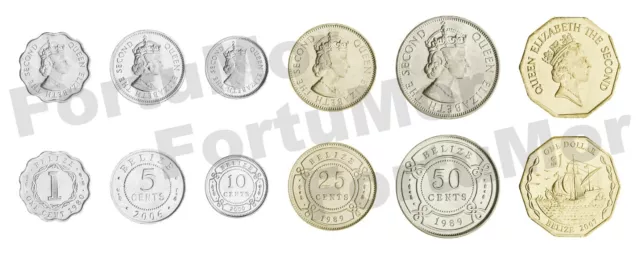 Belize 6 Pcs UNC Coin SET, 1 5 10 25 50 Cents 1 Dollar 1974 2010, QEII