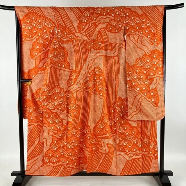 Japanese Kimono Furisode Pure Silk Pine Tree Geometrical Pattern Total Aperture
