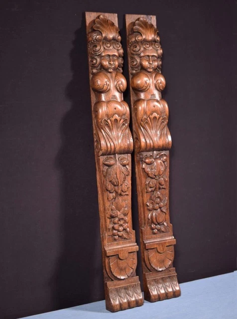 *Pair of 28" Tall French Antique Solid Oak Wood Figures/Trim Posts Salvage